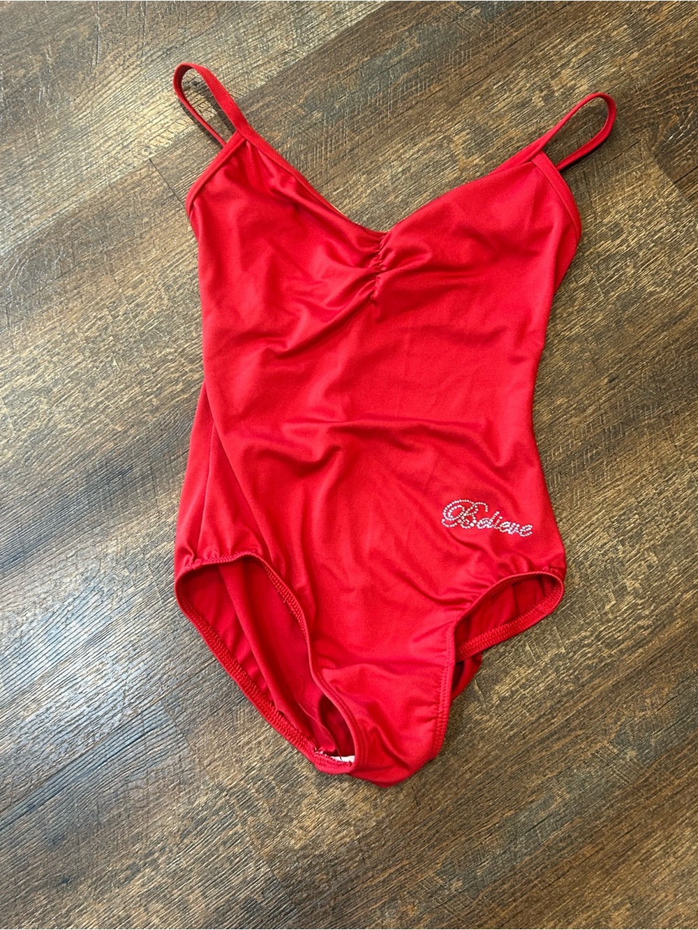Red Leotard with Rhinestone 'Believe' Accent